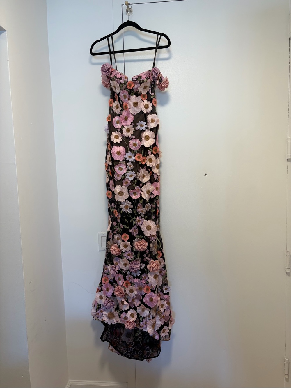 Bronx and Banco black floral off the shoulder corset gown